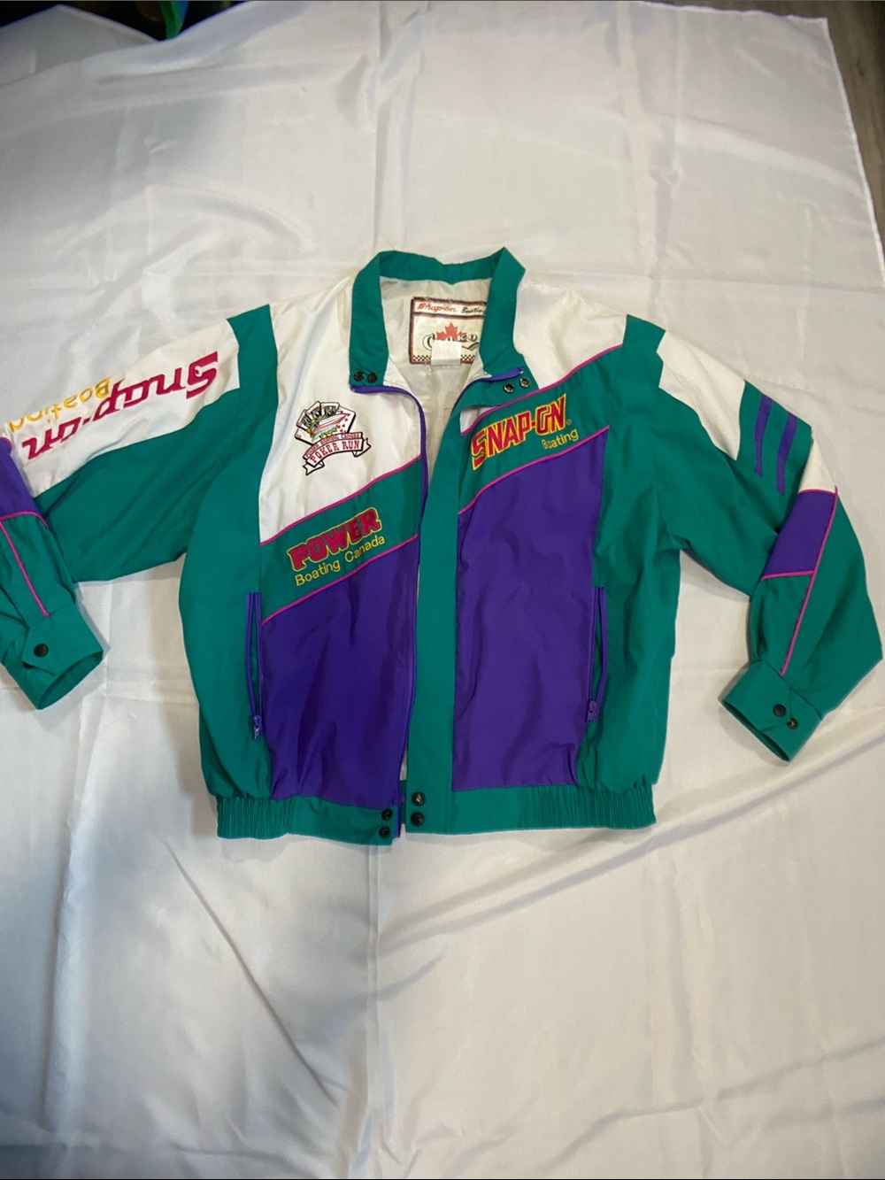 Vintage CHOKO Snap On Poker Run Boating Jacket Men’s XL Teal, White, Purple, Red